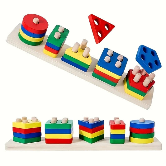 Montessori Wooden Shape & Color Sorting Puzzle | Educational Stacking Blocks