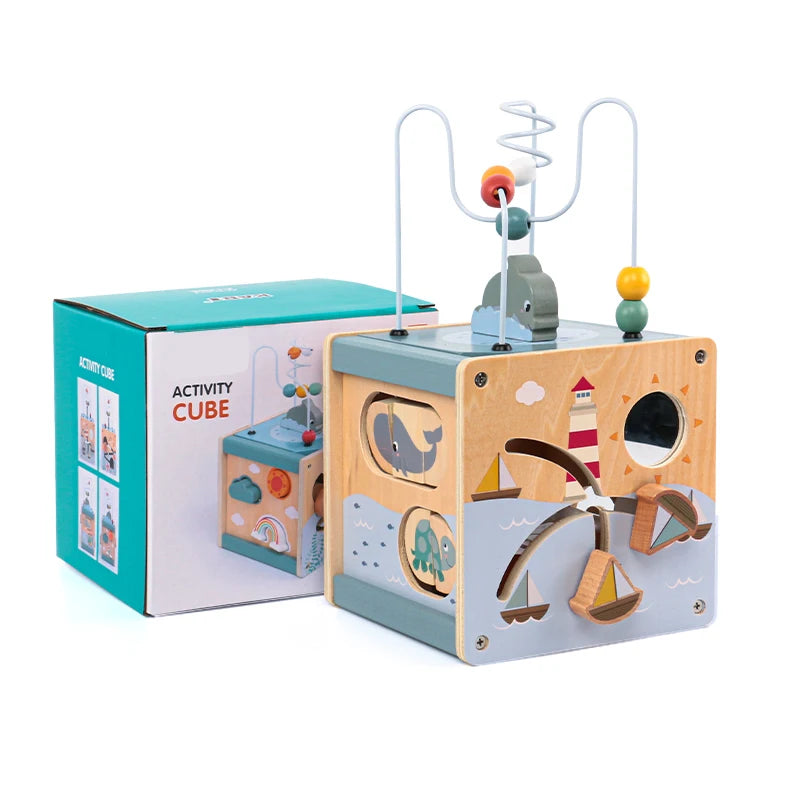 Wooden Activity Cube for Toddlers 5in1 Animal Shape Sorter Bead Maze