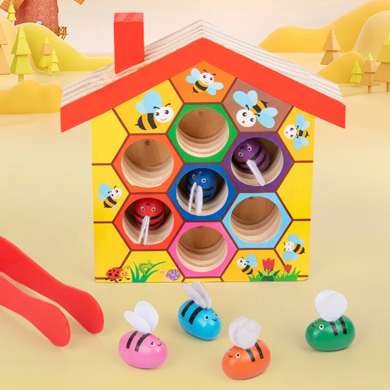 Wooden Bee House, Clamp Bee to Hive Matching Game,Montessori Color