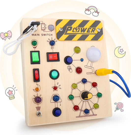 Montessori LED Busy Board – Wooden Switch & Light Sensory Activity Board for Toddlers