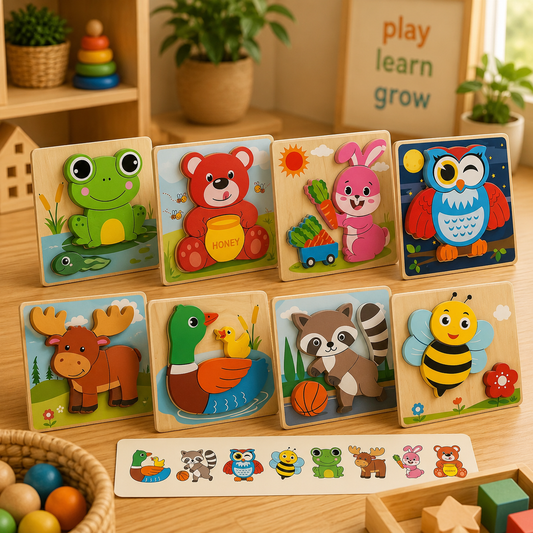 8-Pack Wooden Animal Puzzle Set | Educational Toy for Toddlers