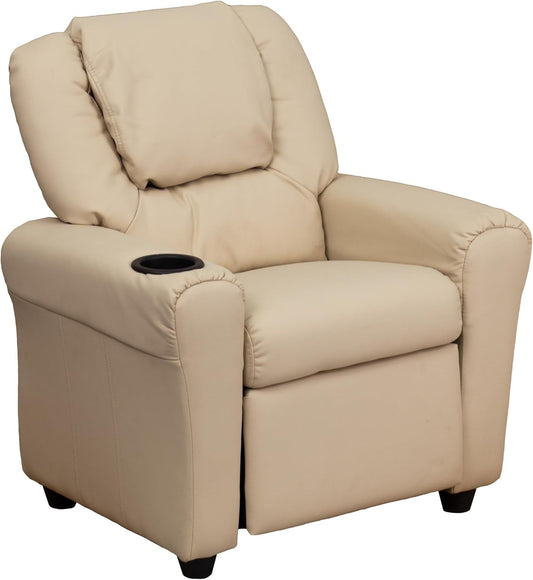 Beige Kids Recliner With Cup Holder For Cozy Seating