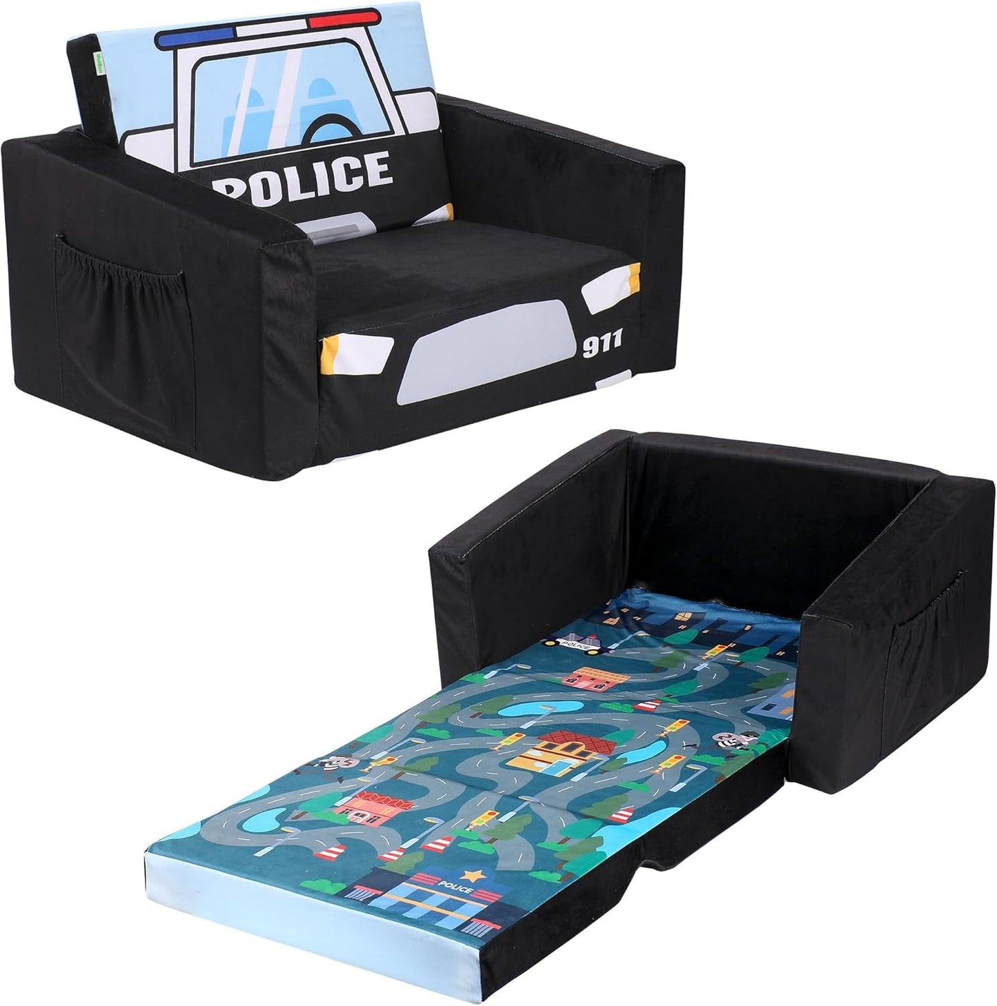 Kids Sofa Bed Black With Storage Pockets For Playroom