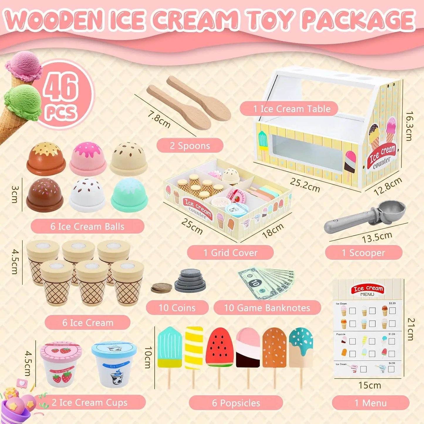 Wooden Ice Cream Shop Play Set – Montessori Pretend Play Toy for Kids