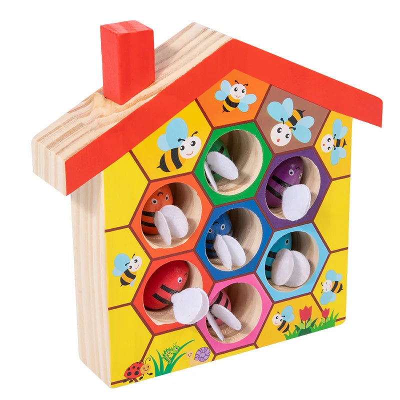 Wooden Bee House, Clamp Bee to Hive Matching Game,Montessori Color