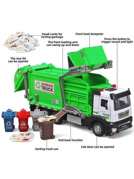 Realistic Garbage Truck Toy Set with Trash Can & STEM Learning Cards |