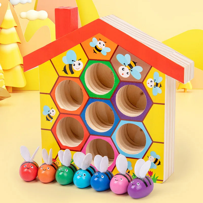 Wooden Bee House, Clamp Bee to Hive Matching Game,Montessori Color