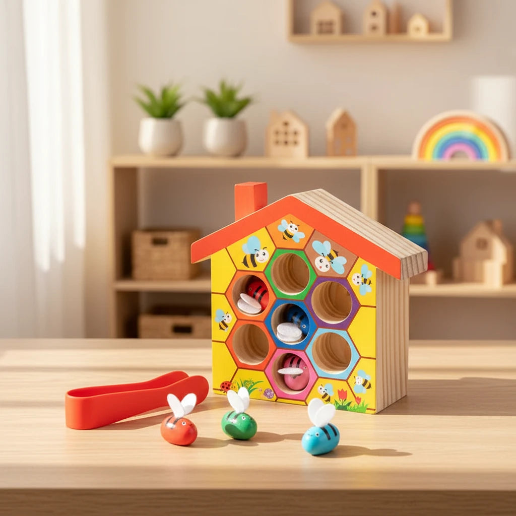 Wooden Bee House, Clamp Bee to Hive Matching Game,Montessori Color