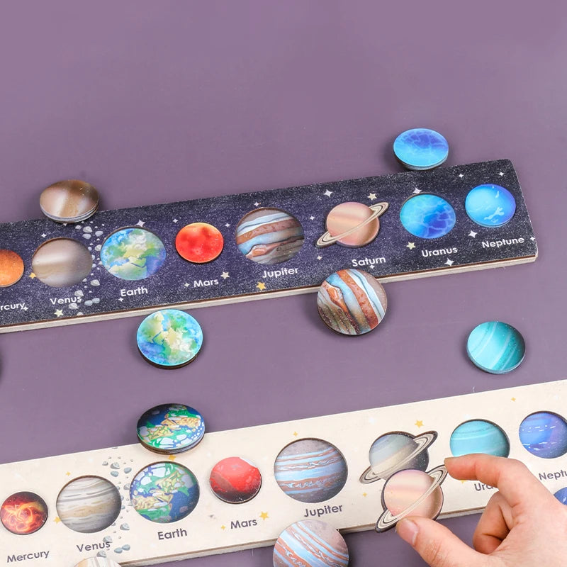 New Montessori Wooden Toys Eight Planets Puzzle Earth Sun Solar System