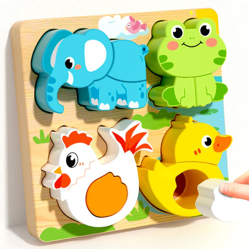 Montessori Wooden Chunky Puzzle – Toddler Hand Grip Animal & Vehicle Puzzle