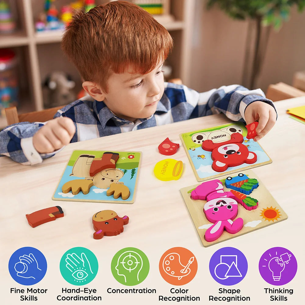 8-Pack Wooden Animal Puzzle Set | Educational Toy for Toddlers