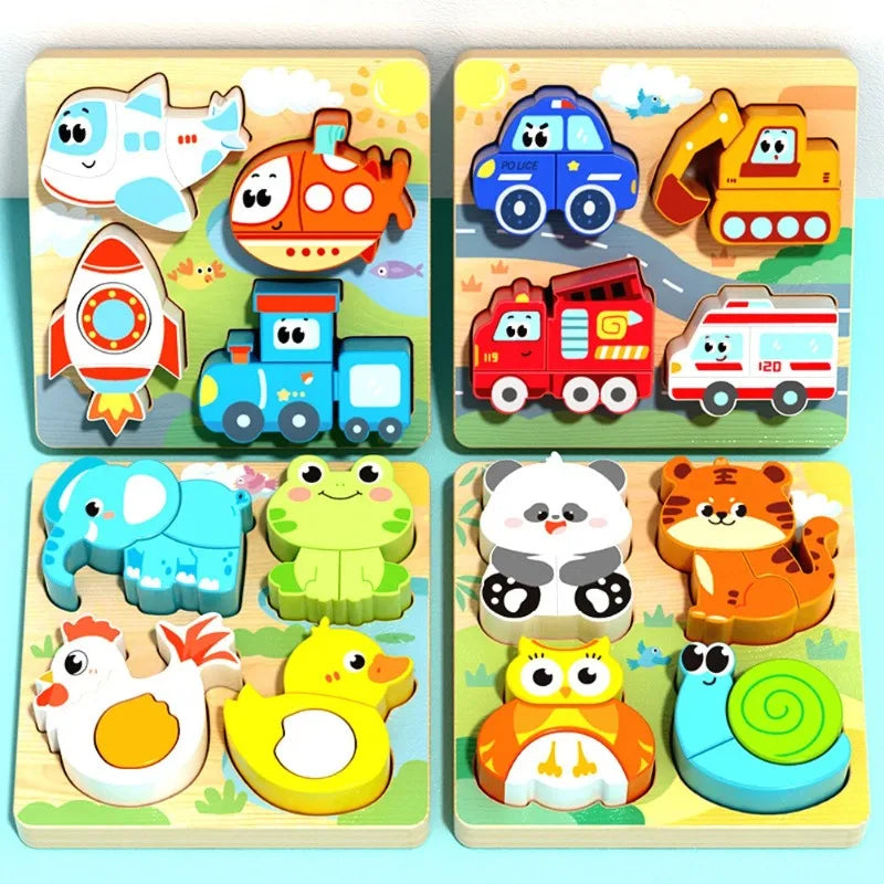 Montessori Wooden Chunky Puzzle – Toddler Hand Grip Animal & Vehicle Puzzle