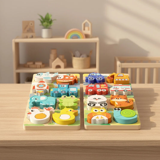 Montessori Wooden Chunky Puzzle – Toddler Hand Grip Animal & Vehicle Puzzle