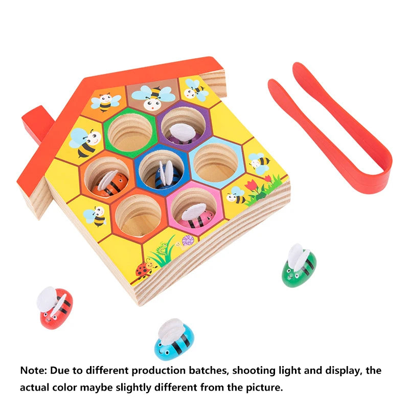 Wooden Bee House, Clamp Bee to Hive Matching Game,Montessori Color
