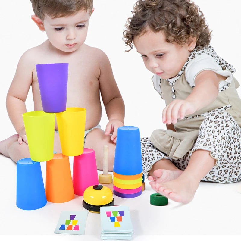 Montessori Toys Stack Cup Game With Card  Kid Educational