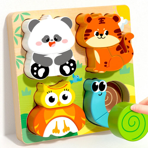 Montessori Wooden Chunky Puzzle – Toddler Hand Grip Animal & Vehicle Puzzle