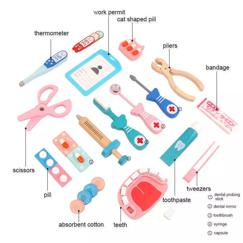 Kids Wooden Dentist Play Set – Pretend Dental Kit