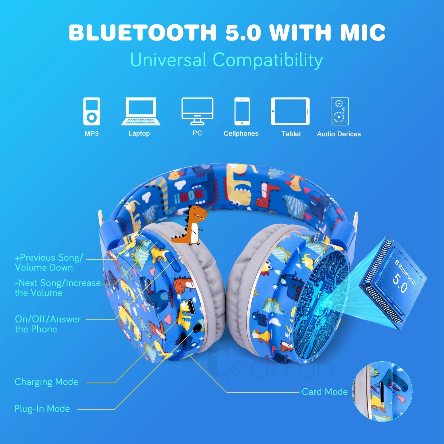 Dinosaur Kids Headphones Wirless Bluetooth Headset Stereo Music