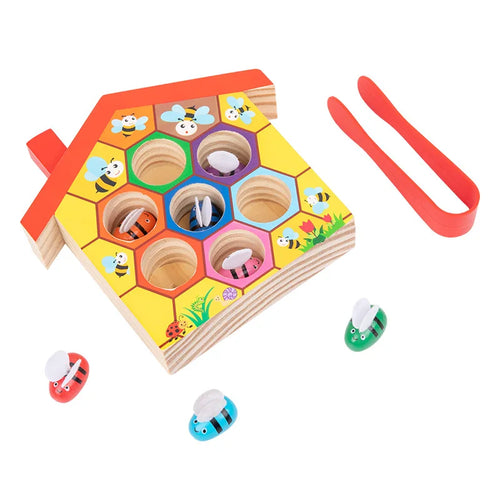 Wooden Bee House, Clamp Bee to Hive Matching Game,Montessori Color