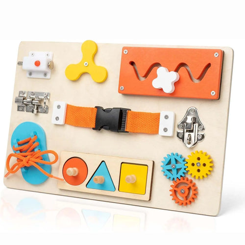 Wooden Busy Board for Toddlers – Fine Motor & Shoe Tying Learning Board