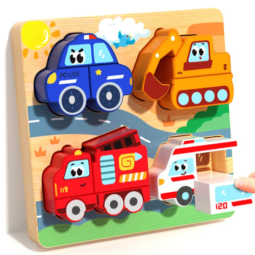 Montessori Wooden Chunky Puzzle – Toddler Hand Grip Animal & Vehicle Puzzle