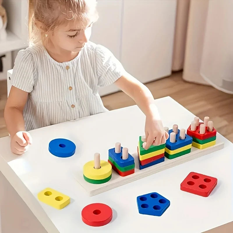 Montessori Wooden Shape & Color Sorting Puzzle | Educational Stacking Blocks