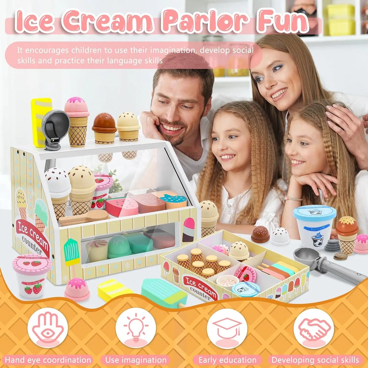Wooden Ice Cream Shop Play Set – Montessori Pretend Play Toy for Kids