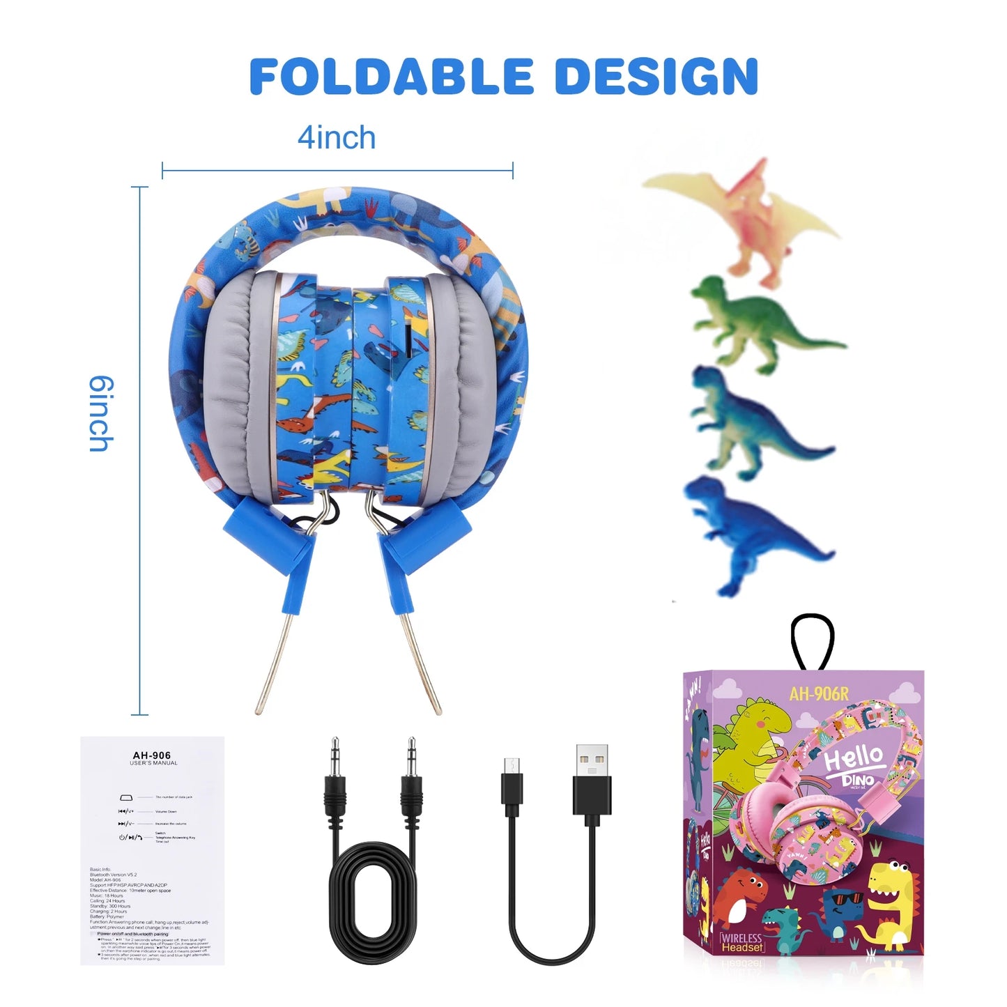 Dinosaur Kids Headphones Wirless Bluetooth Headset Stereo Music