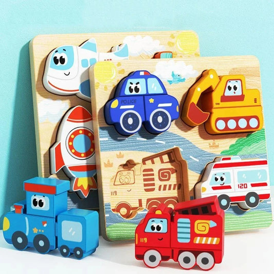 Montessori Wooden Chunky Puzzle – Toddler Hand Grip Animal & Vehicle Puzzle