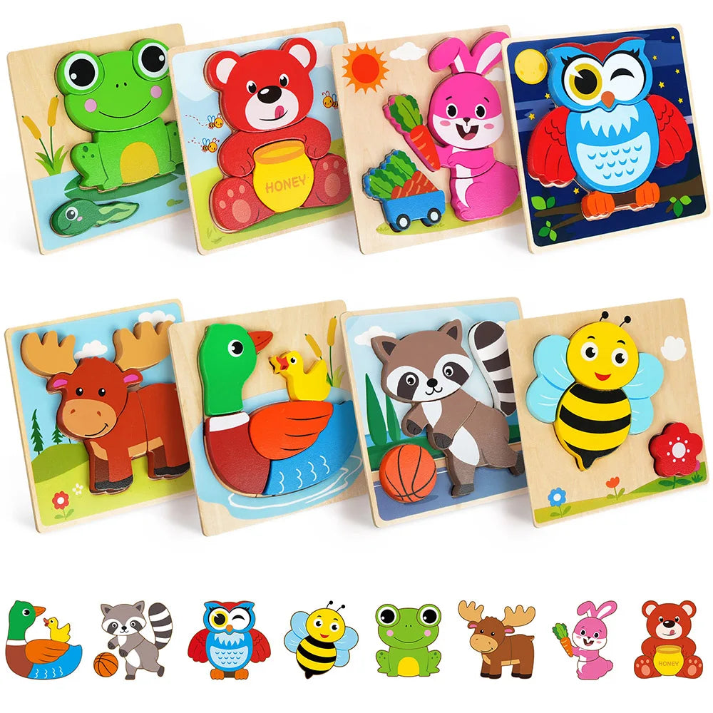 8-Pack Wooden Animal Puzzle Set | Educational Toy for Toddlers