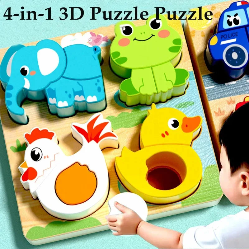 Montessori Wooden Chunky Puzzle – Toddler Hand Grip Animal & Vehicle Puzzle