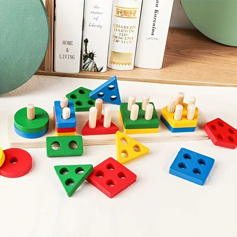 Montessori Wooden Shape & Color Sorting Puzzle | Educational Stacking Blocks
