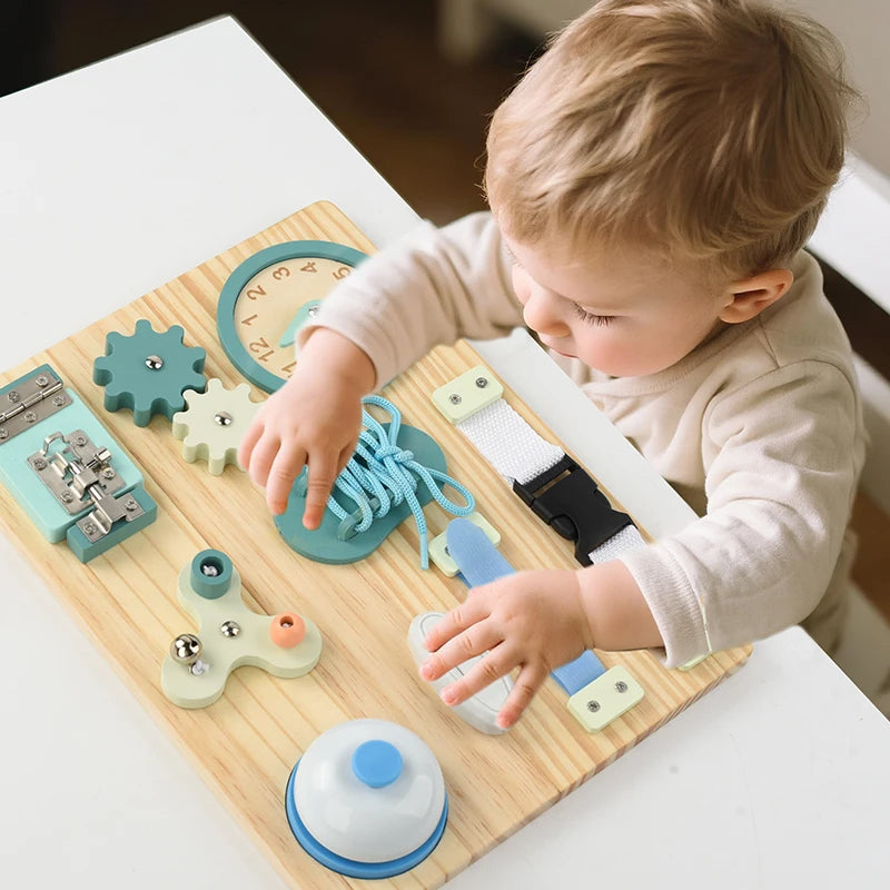 Wooden Busy Board for Toddlers – Fine Motor & Shoe Tying Learning Board