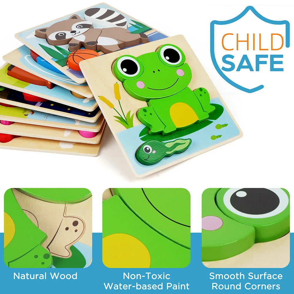 8-Pack Wooden Animal Puzzle Set | Educational Toy for Toddlers