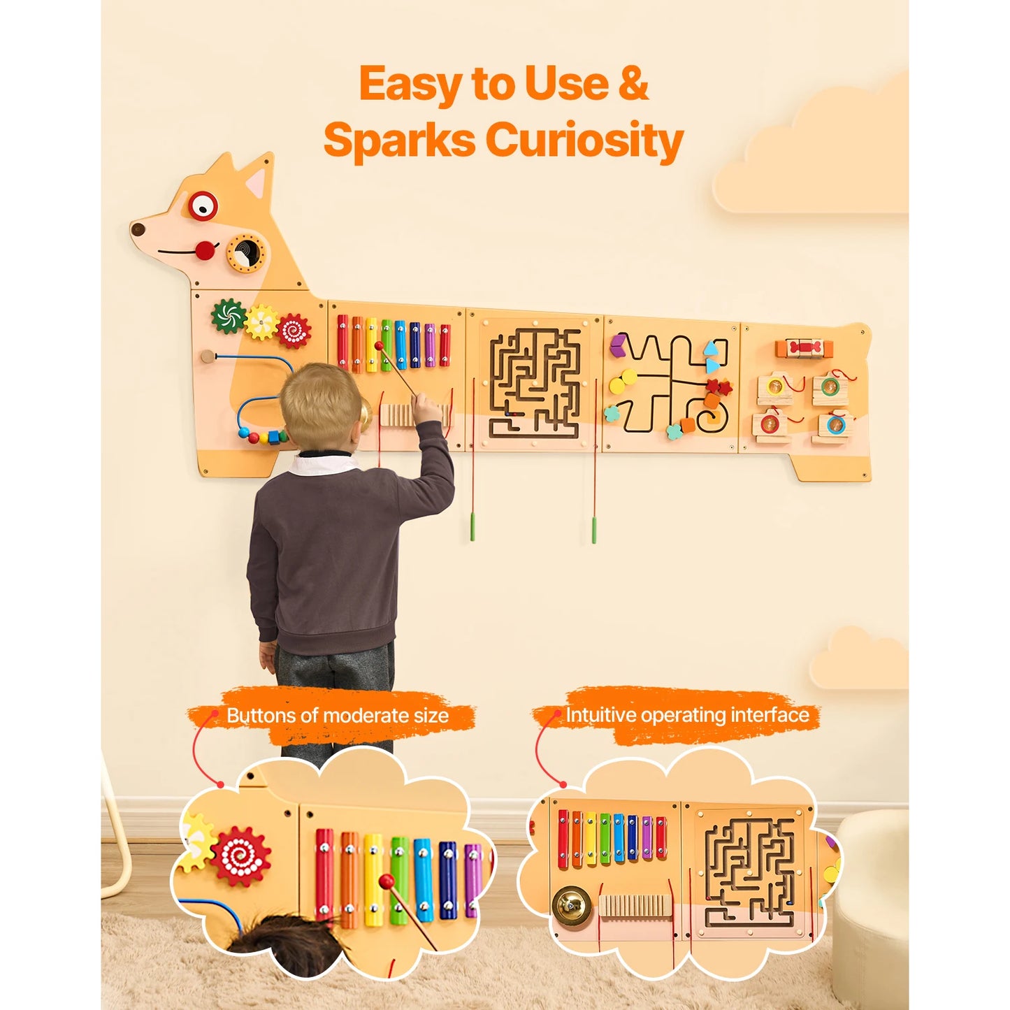 Wooden Montessori Busy Board Wall Panel | 12 Interactive Learning Activities