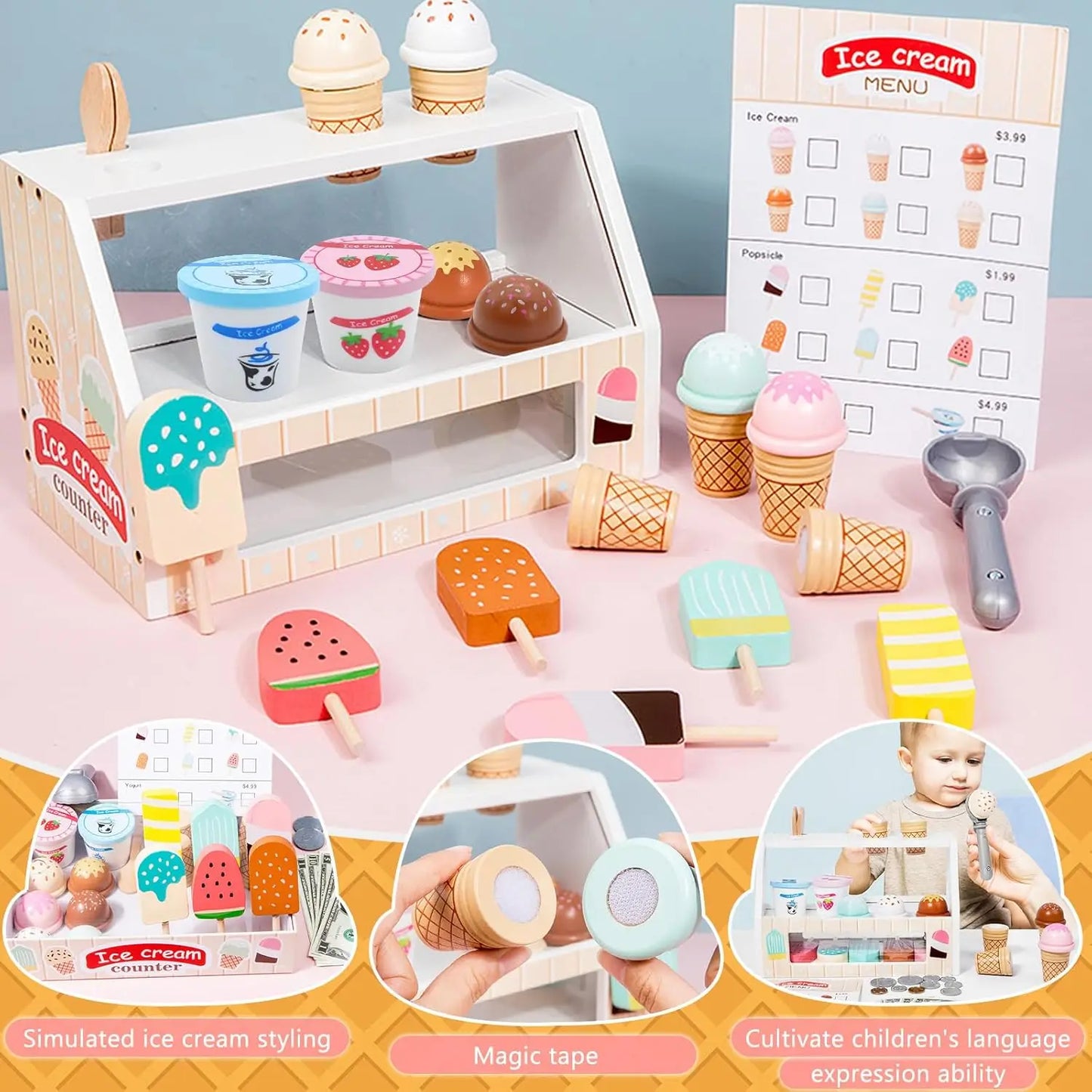 Wooden Ice Cream Shop Play Set – Montessori Pretend Play Toy for Kids