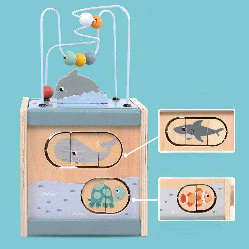 Wooden Activity Cube for Toddlers 5in1 Animal Shape Sorter Bead Maze