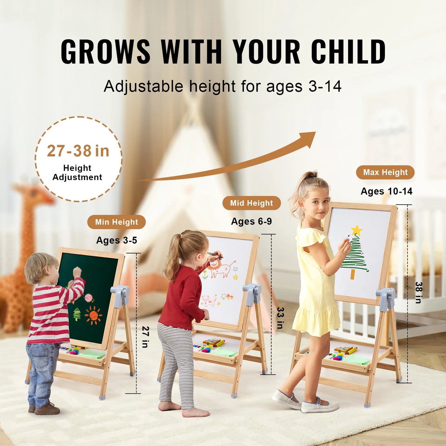 2-in-1 Wooden Art Easel & Magnetic Drawing Board for Kids