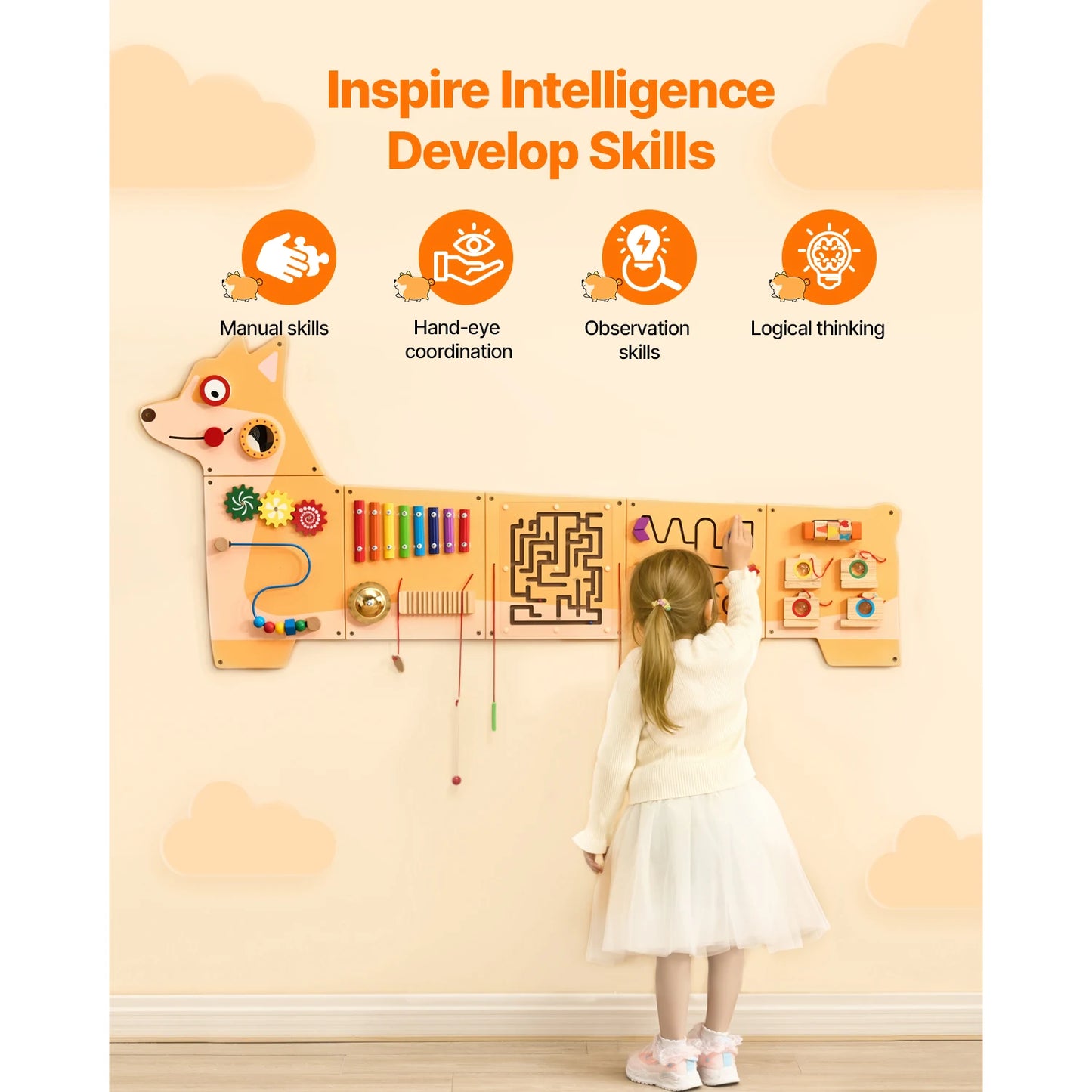 Wooden Montessori Busy Board Wall Panel | 12 Interactive Learning Activities