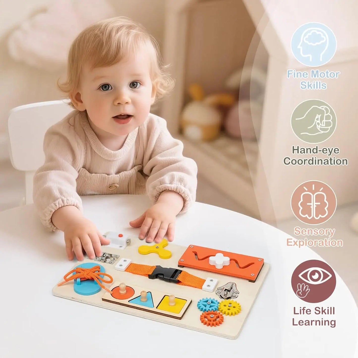 Wooden Busy Board for Toddlers – Fine Motor & Shoe Tying Learning Board