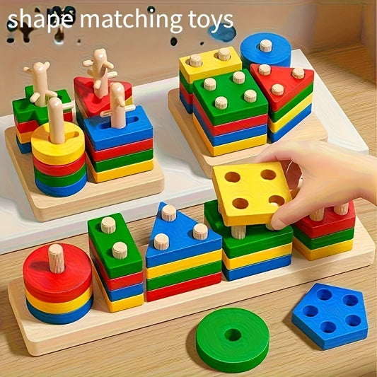 Montessori Wooden Shape & Color Sorting Puzzle | Educational Stacking Blocks