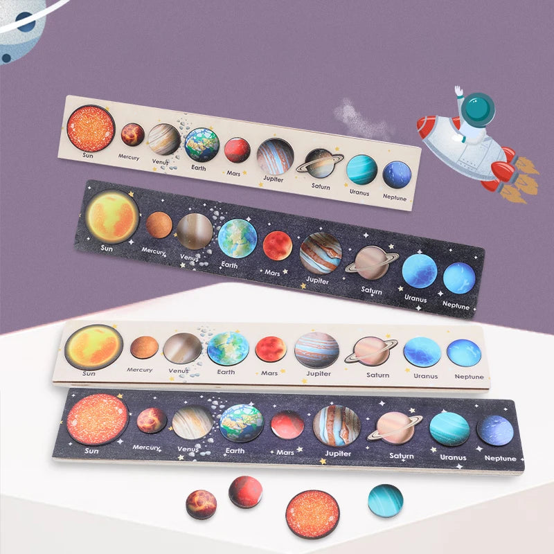 New Montessori Wooden Toys Eight Planets Puzzle Earth Sun Solar System