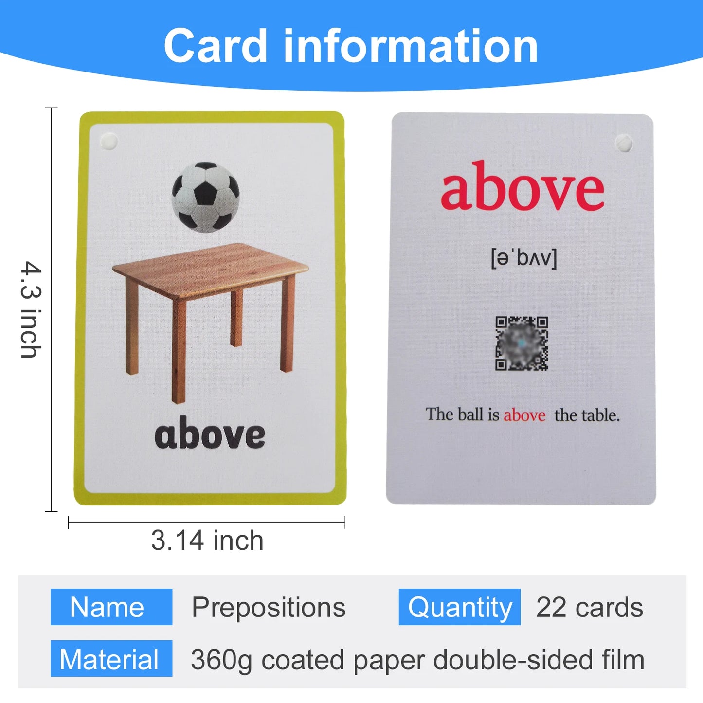 22Pcs English Prepositions Flashcards for Toddlers & Baby Spatial