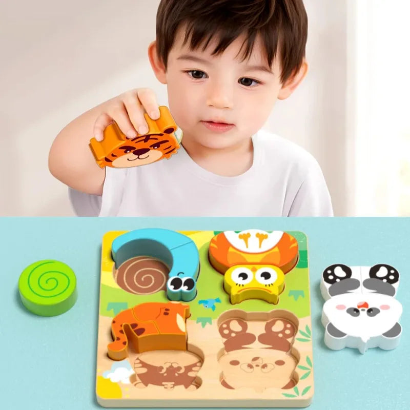 Montessori Wooden Chunky Puzzle – Toddler Hand Grip Animal & Vehicle Puzzle