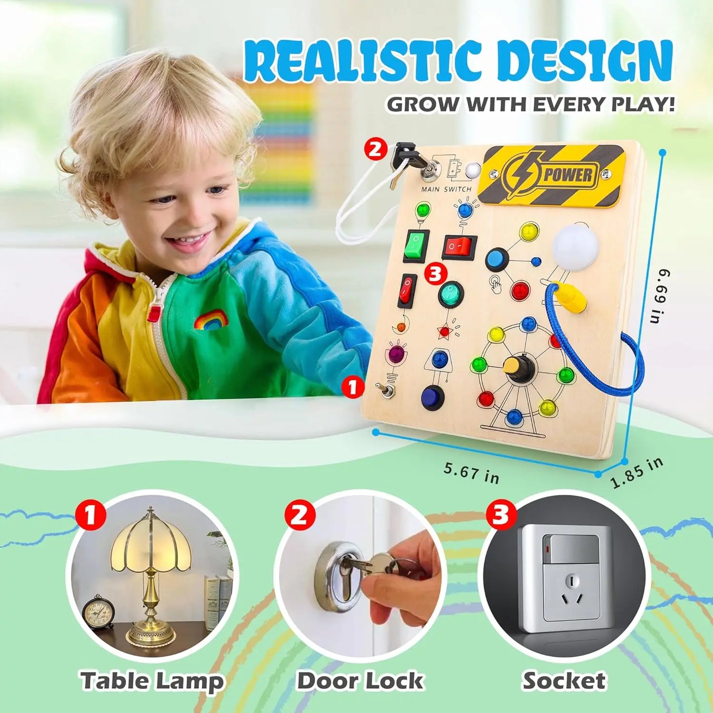 Montessori LED Busy Board – Wooden Switch & Light Sensory Activity Board for Toddlers