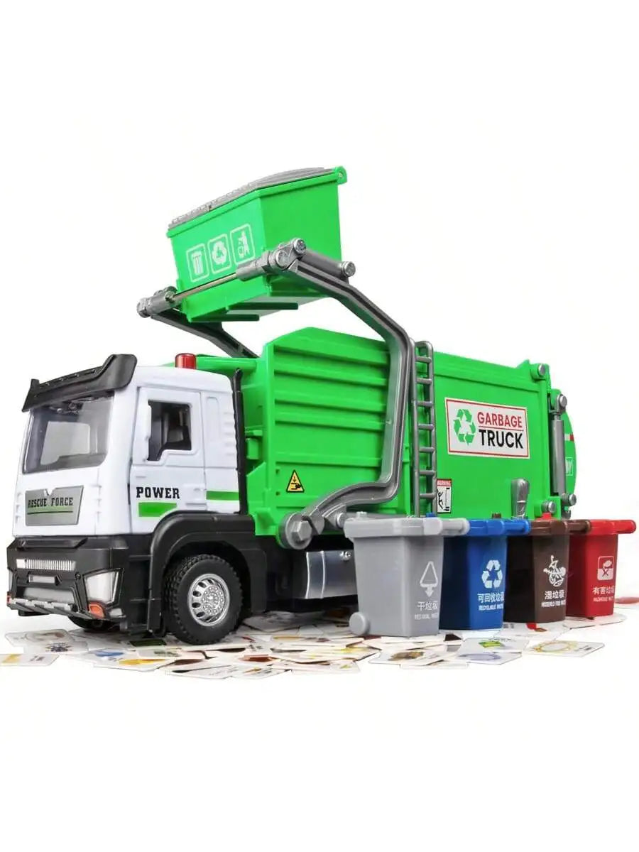 Realistic Garbage Truck Toy Set with Trash Can & STEM Learning Cards |