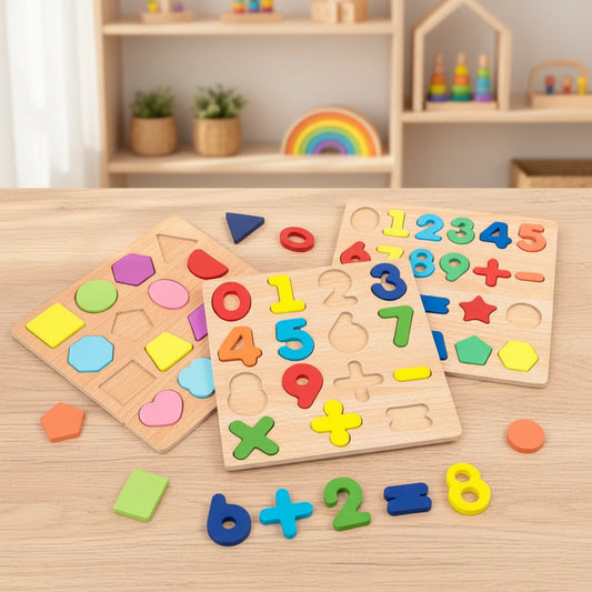 Montessori Wooden Alphabet, Numbers &amp; Shapes Puzzle