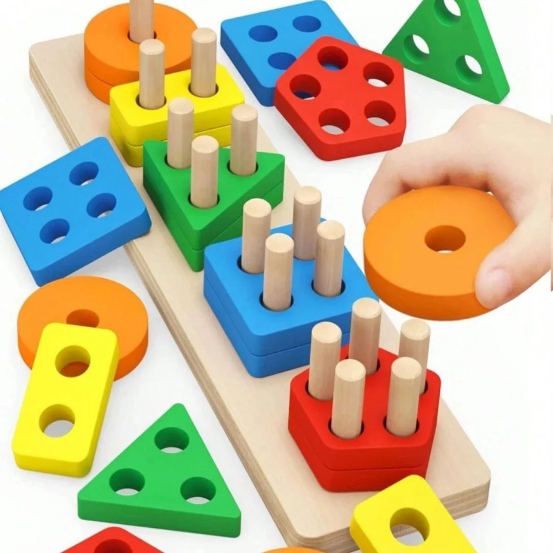 Montessori Wooden Shape & Color Sorting Puzzle | Educational Stacking Blocks