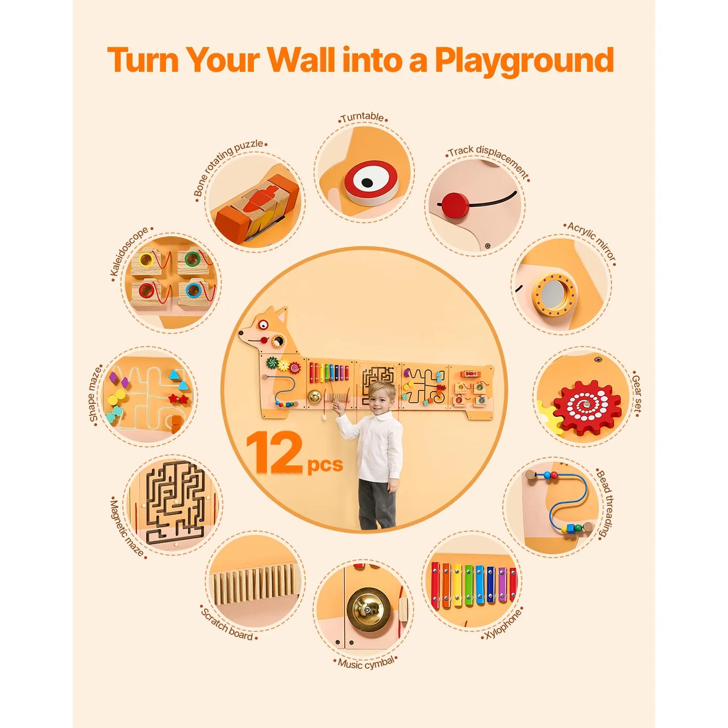 Wooden Montessori Busy Board Wall Panel | 12 Interactive Learning Activities