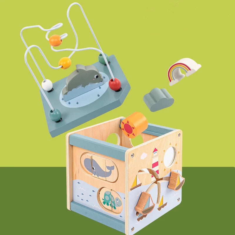 Wooden Activity Cube for Toddlers 5in1 Animal Shape Sorter Bead Maze